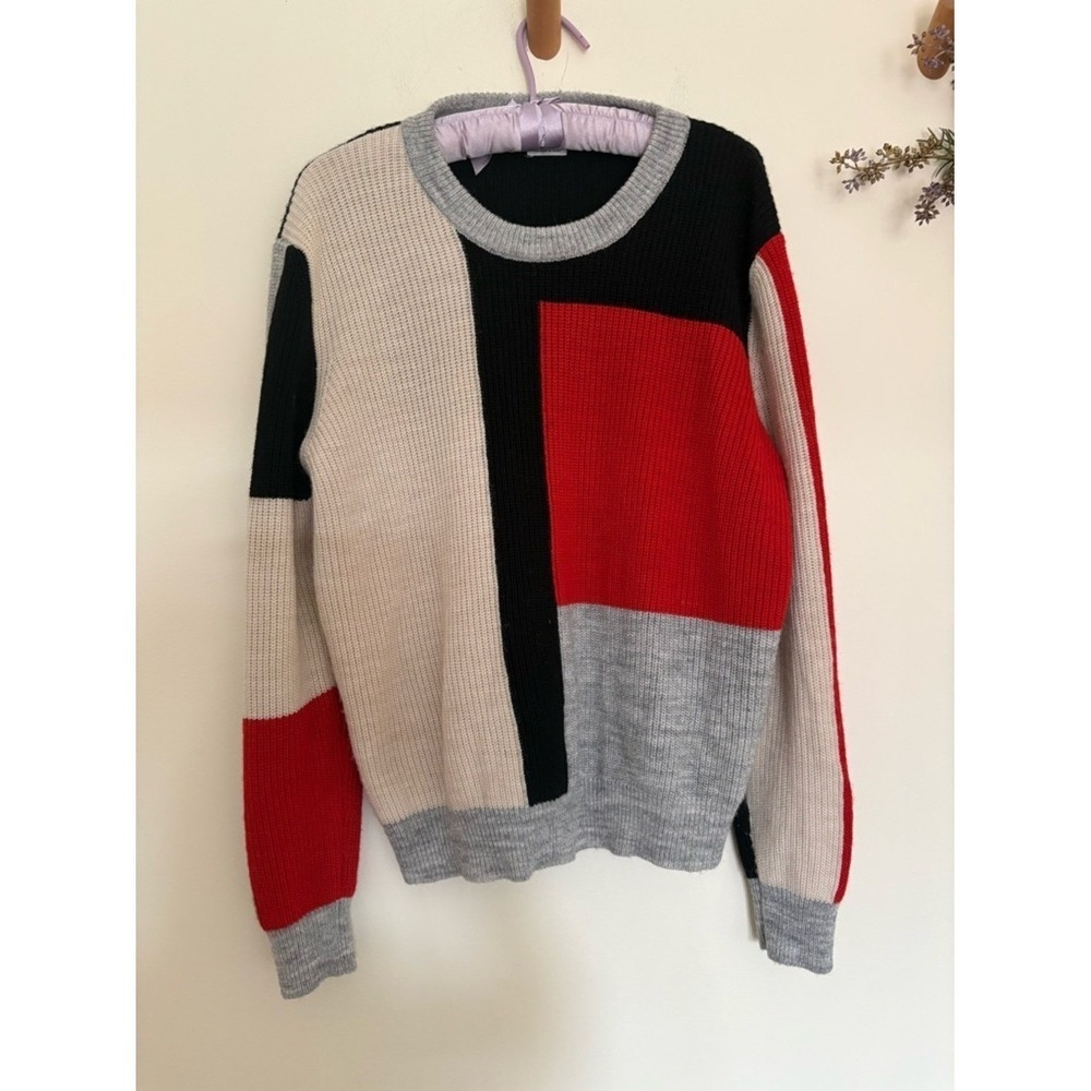 Colorblock Knit Sweater in Red, Black, Gray, Cream-made in italy -XL